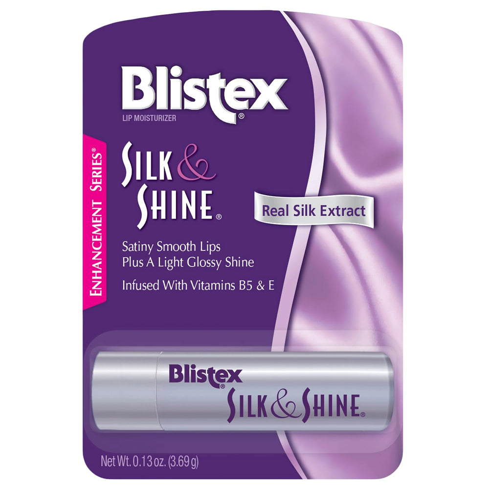 Blistex Silk & Shine lip balm tube closeup showing silky-gloss finish for daily lips.