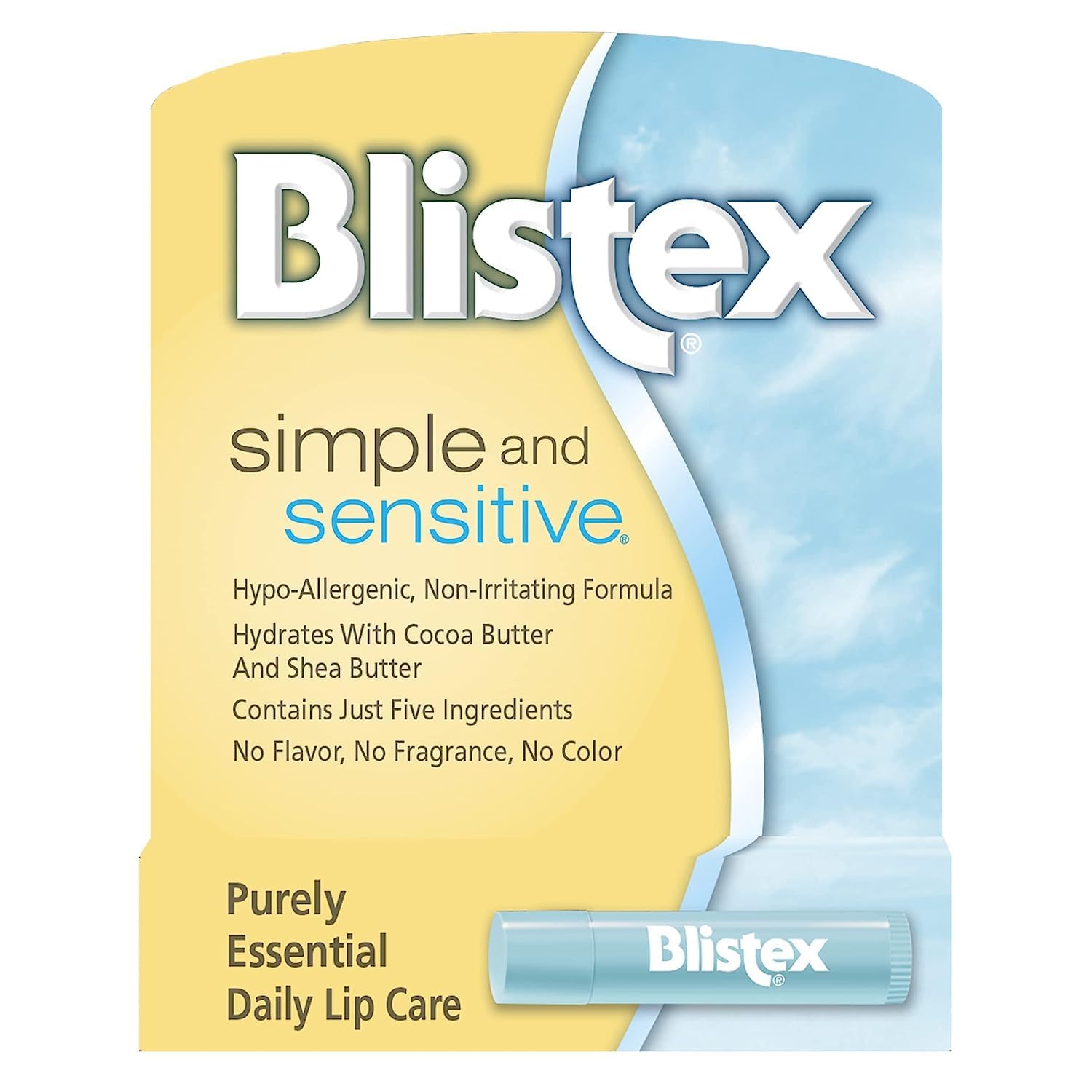 Blistex Simple and Sensitive lip moisturizer box-front highlights hypoallergenic lip care for sensitive lips.