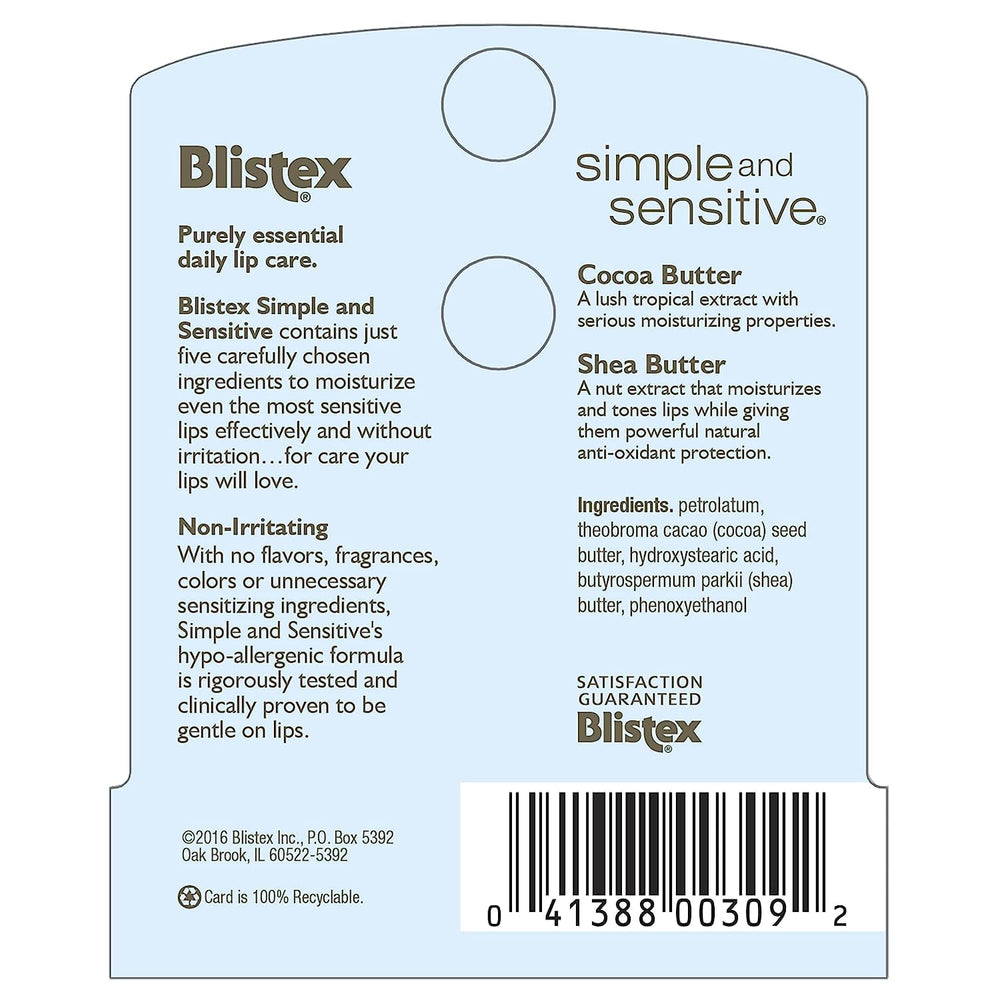 Blistex Simple and Sensitive lip moisturizer ingredients spotlight cocoa butter and shea butter for deep hydration.
