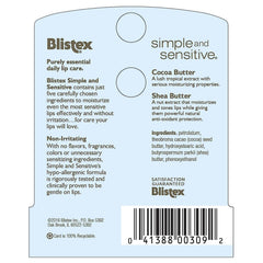 Blistex Simple and Sensitive lip moisturizer ingredients spotlight cocoa butter and shea butter for deep hydration.