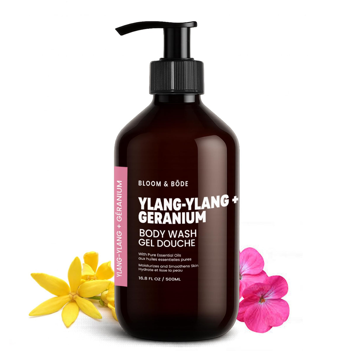 Bloom & Bōde ylang-ylang-geranium body wash bottle pour for a calming cleanse