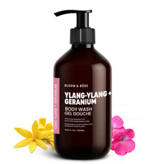 Bloom & Bōde ylang-ylang-geranium body wash bottle pour for a calming cleanse