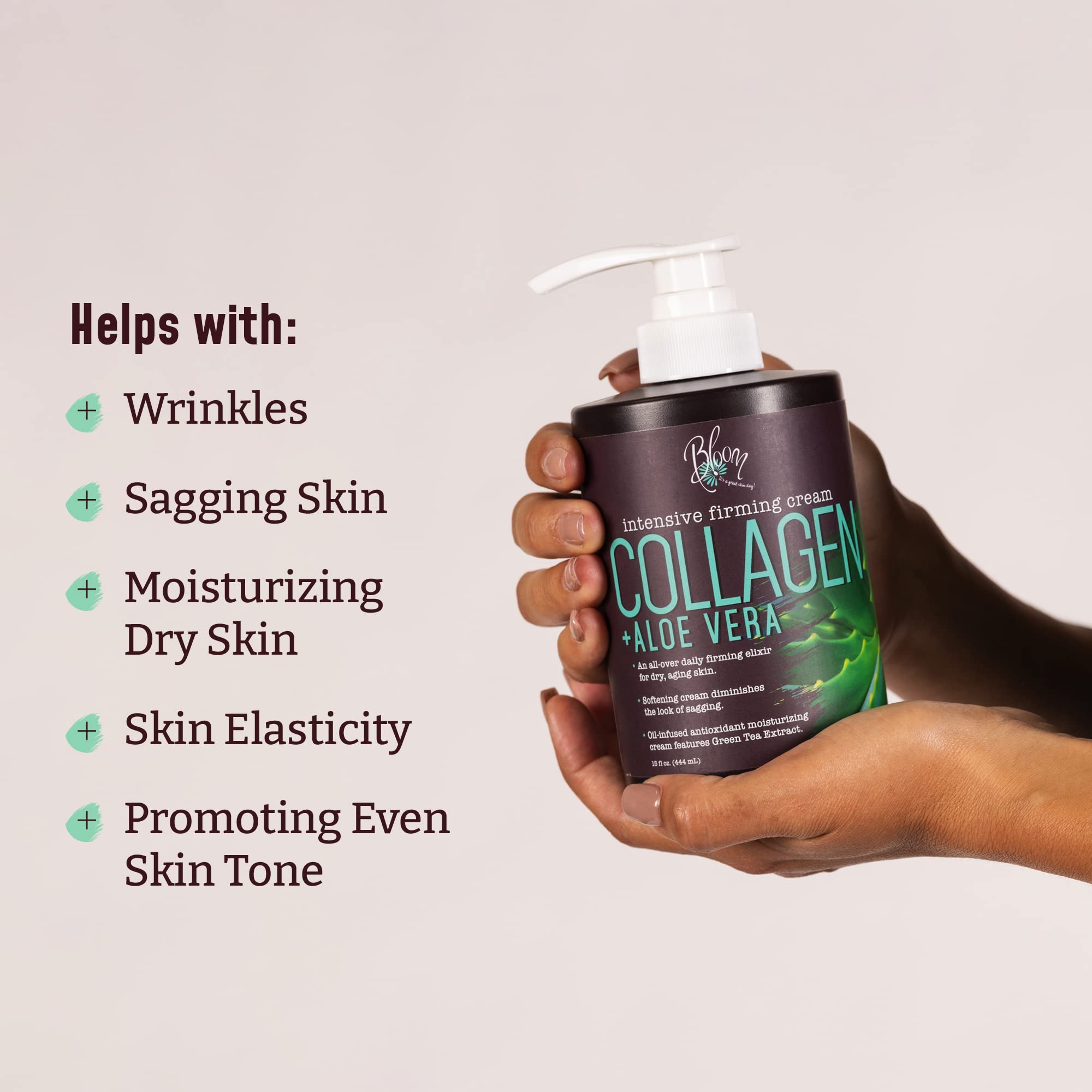 BLOOM IT'S A GREAT SKIN DAY body-lotion-pump demonstrates deep hydration for dry skin.