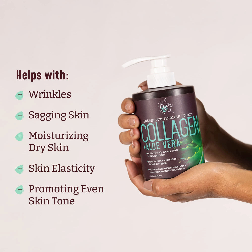 BLOOM IT'S A GREAT SKIN DAY body-lotion-pump demonstrates deep hydration for dry skin.