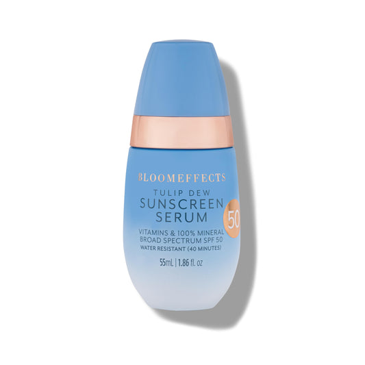 Bloomeffects Tulip Dew Sunscreen Serum bottle with mineral SPF in clean packaging.