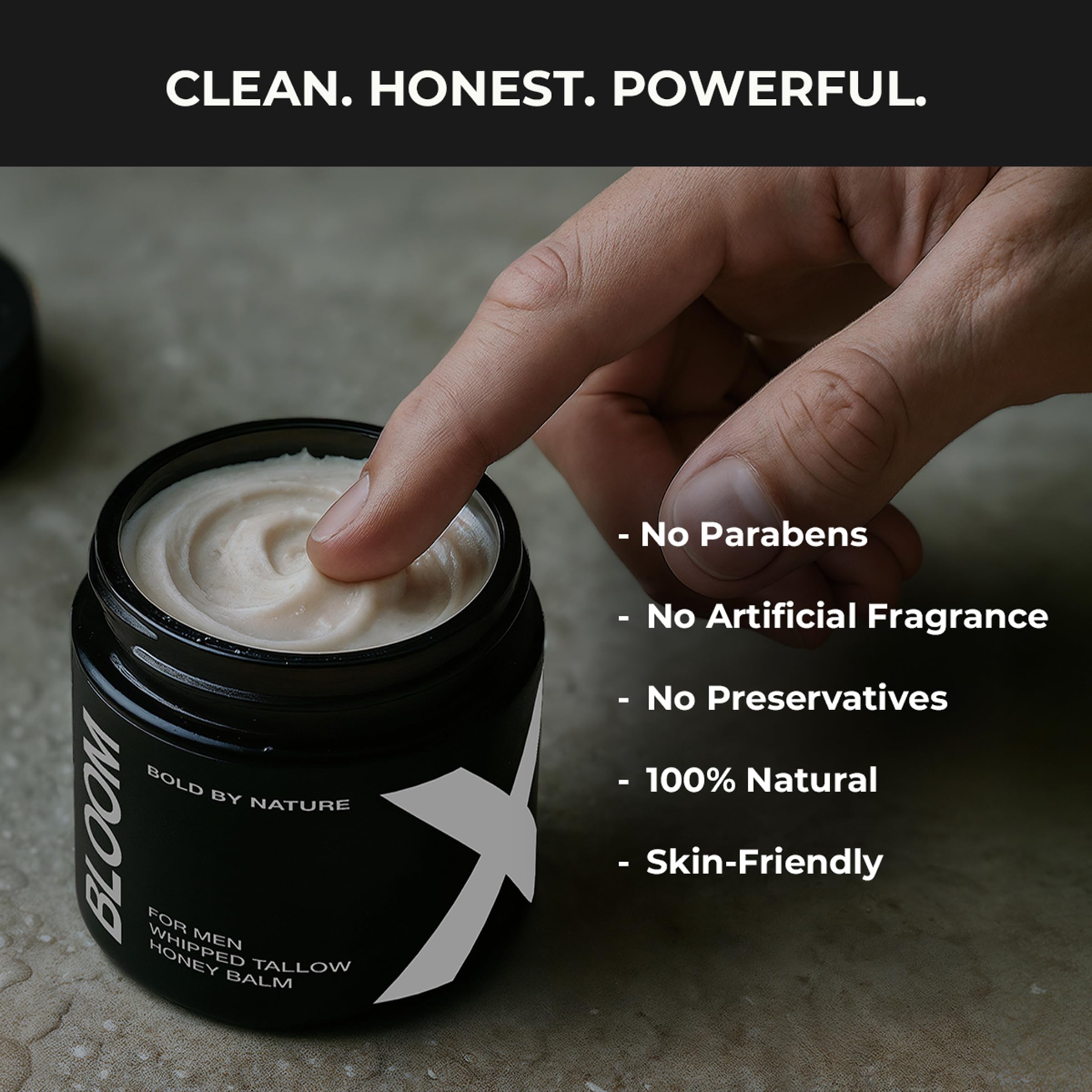 Bloomeo mens skincare routine scene demonstrates versatile use for lips, face, and body.