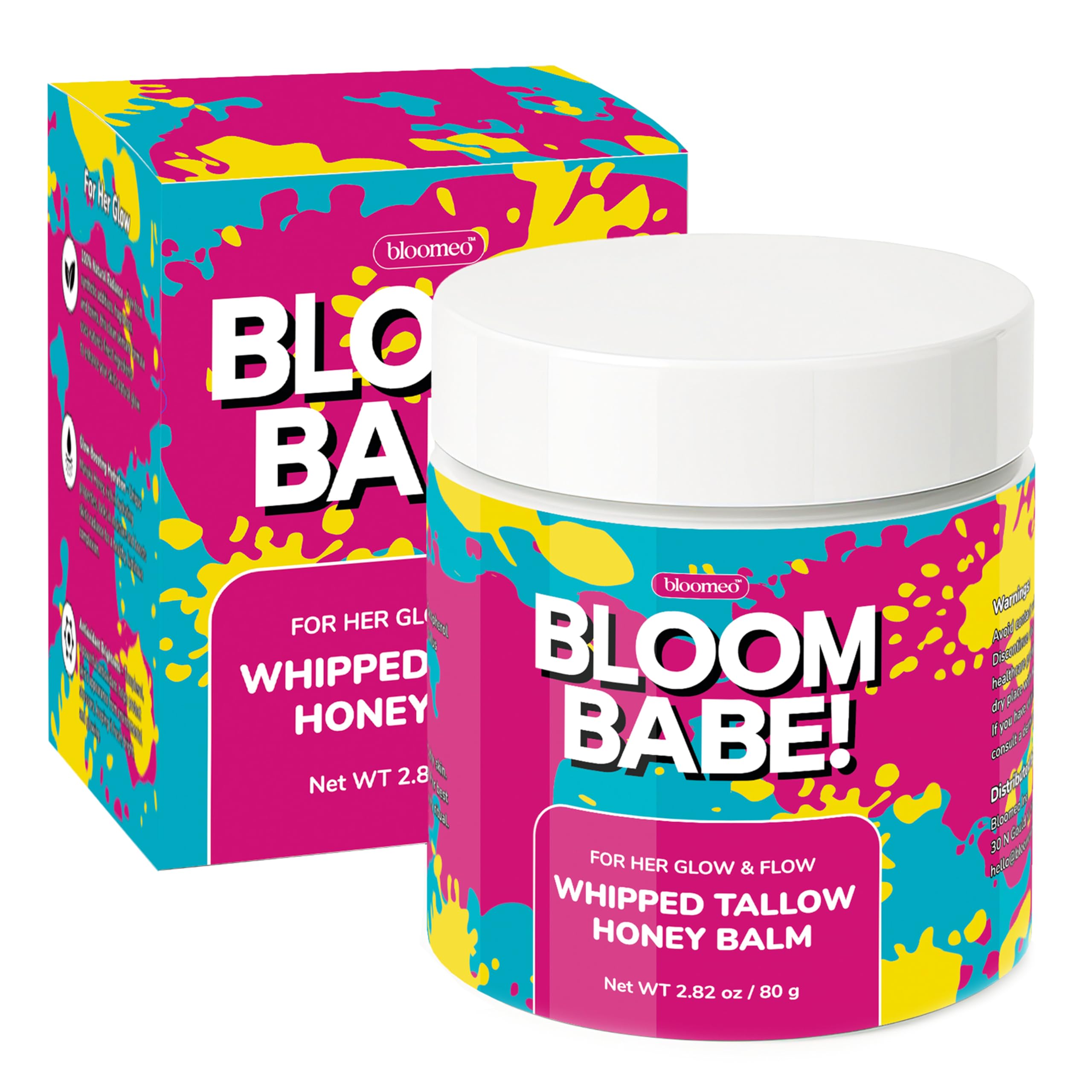 Bloomeo Tallow & Honey Balm packaging showcases a versatile skin care jar.