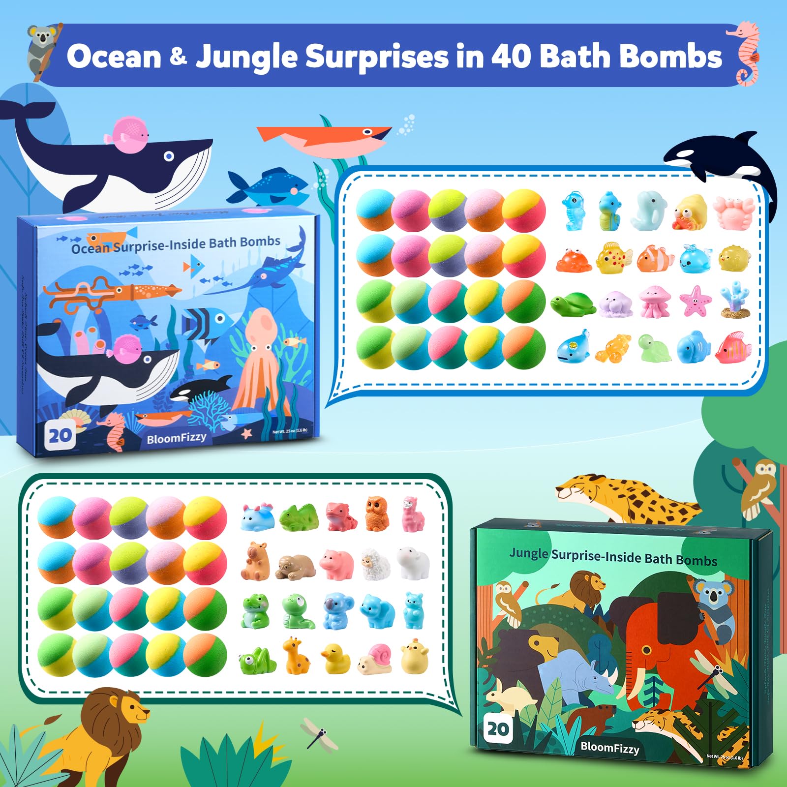 BloomFizzy jungle animals bath bombs revealing surprise toys during bath time