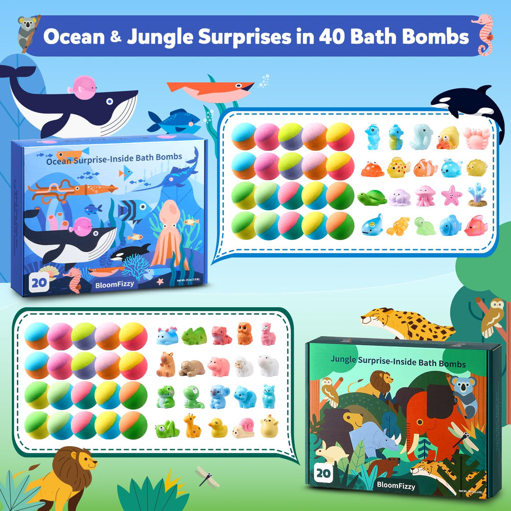 BloomFizzy jungle animals bath bombs revealing surprise toys during bath time