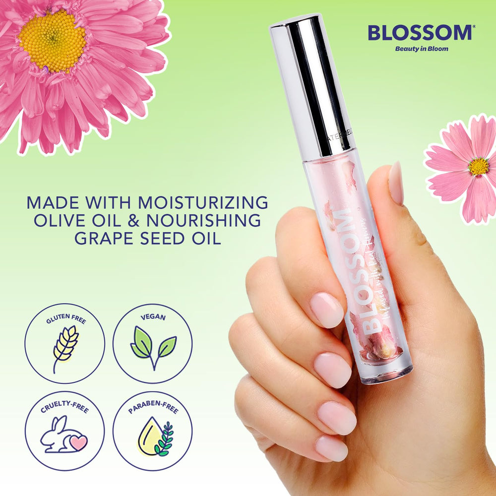 Blossom Lip Oil with olive and grape seed oil blend for hydration.