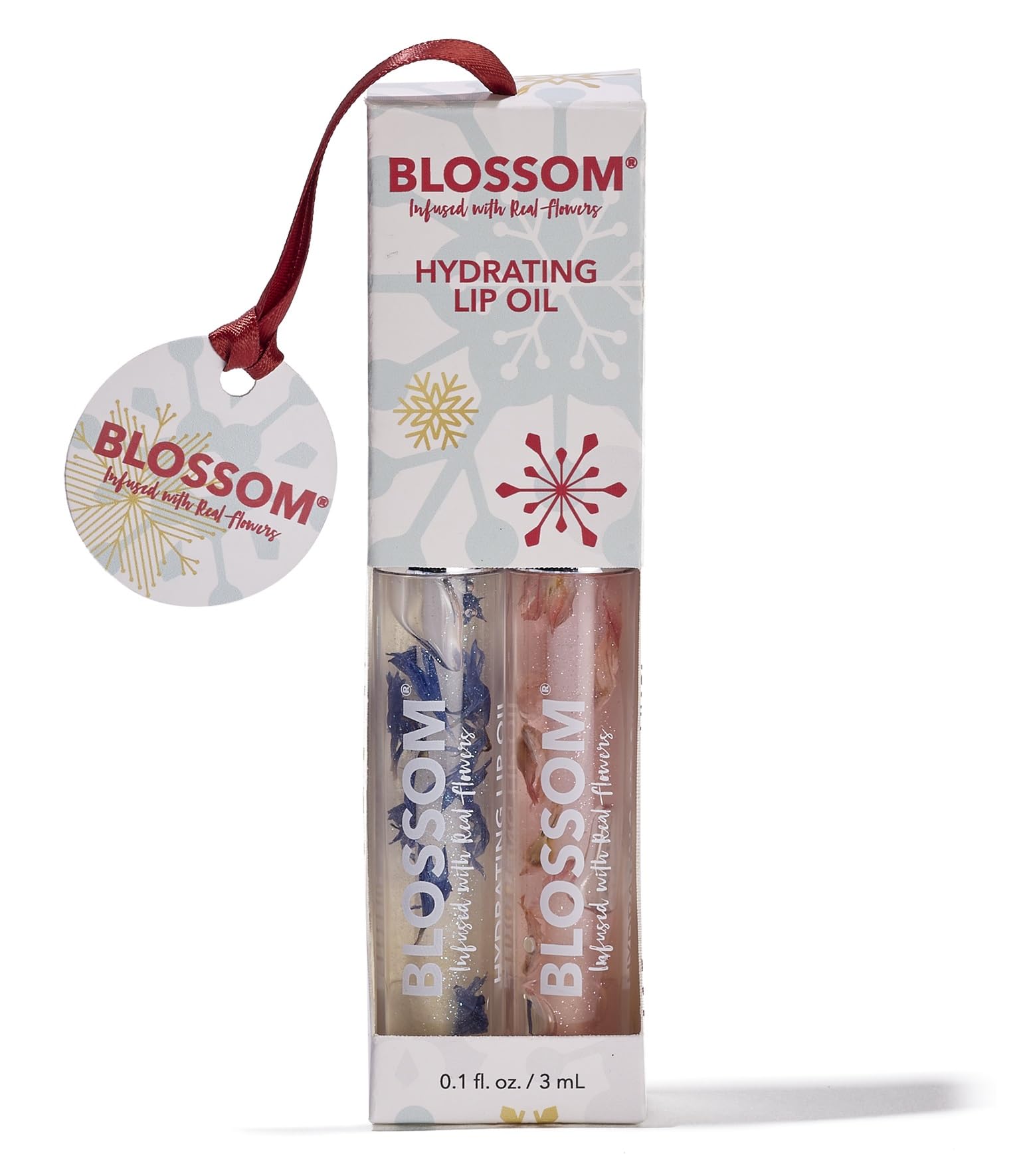 Blossom Lip Oil with Real Flowers close-up showing petals for luxurious hydration.