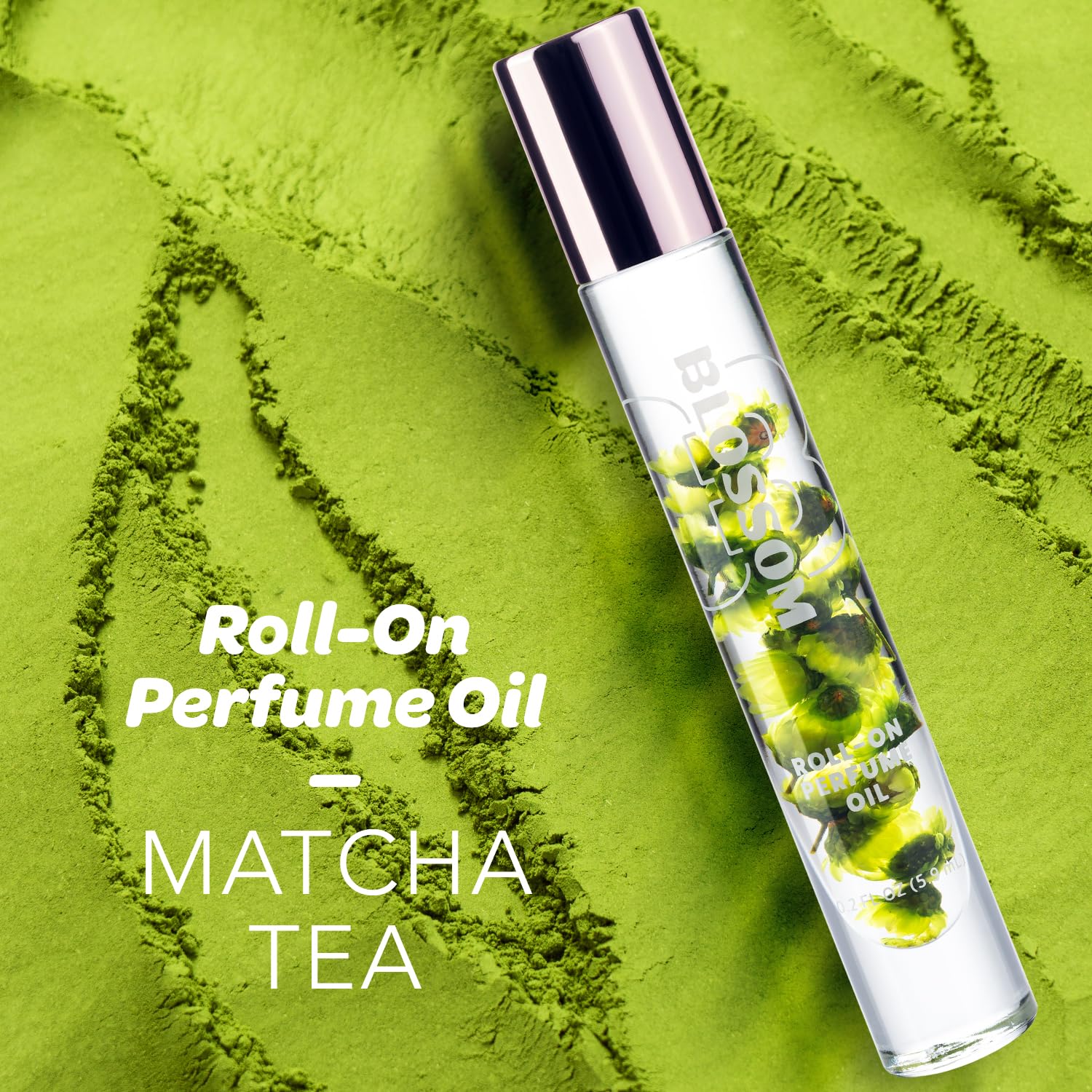Blossom Matcha Tea roll-on bottle close-up with real flowers for floral infusion.