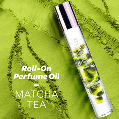 Blossom Matcha Tea roll-on bottle close-up with real flowers for floral infusion.