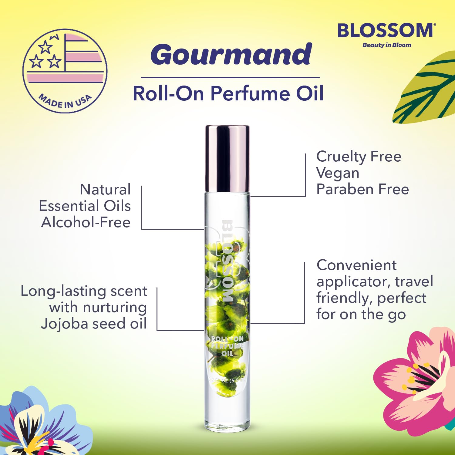 Blossom Matcha Tea roll-on bottle highlights real flowers and nourishing oils.