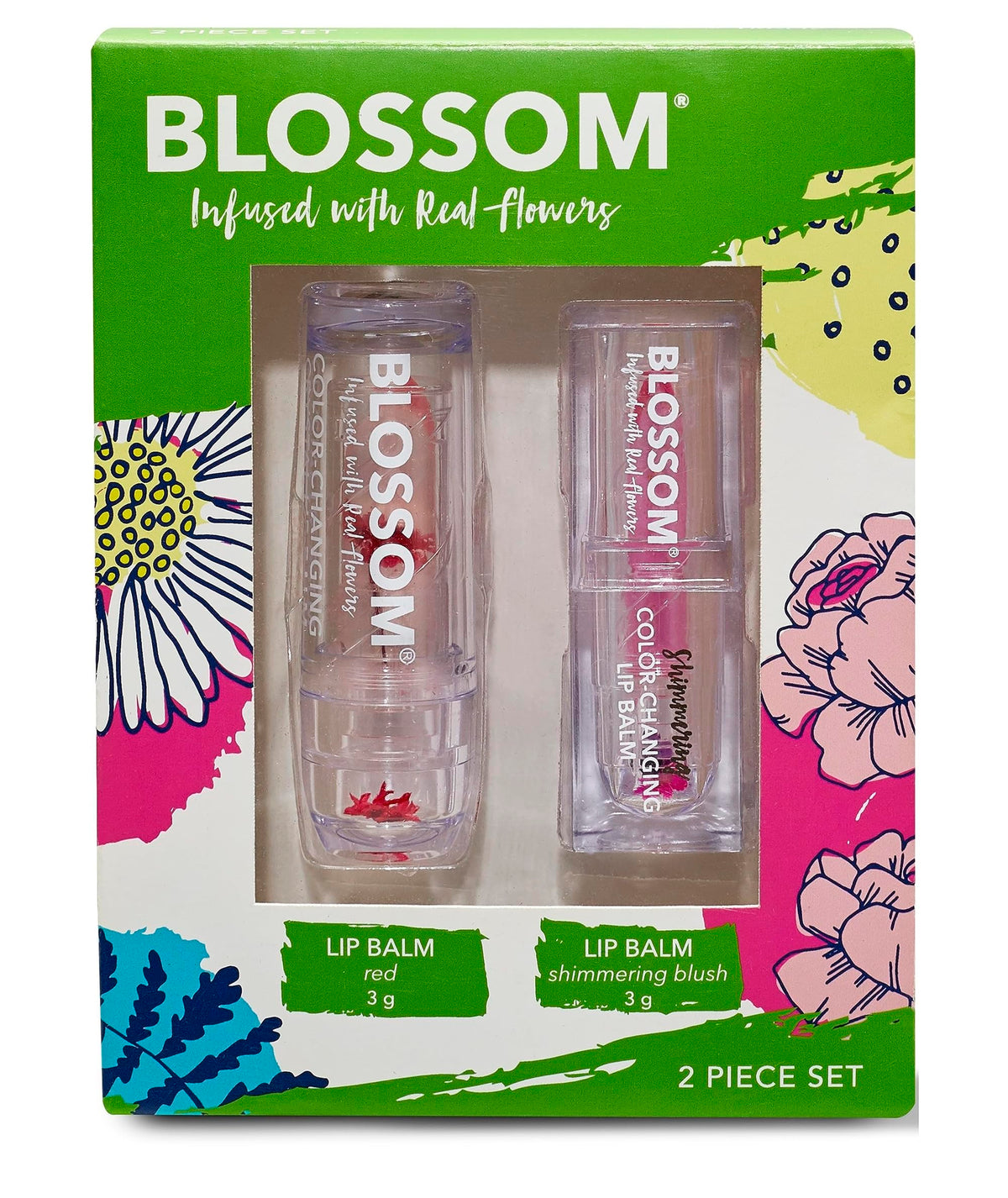 Blossom red color-changing lip balm hydrates lips with a strawberry aroma.