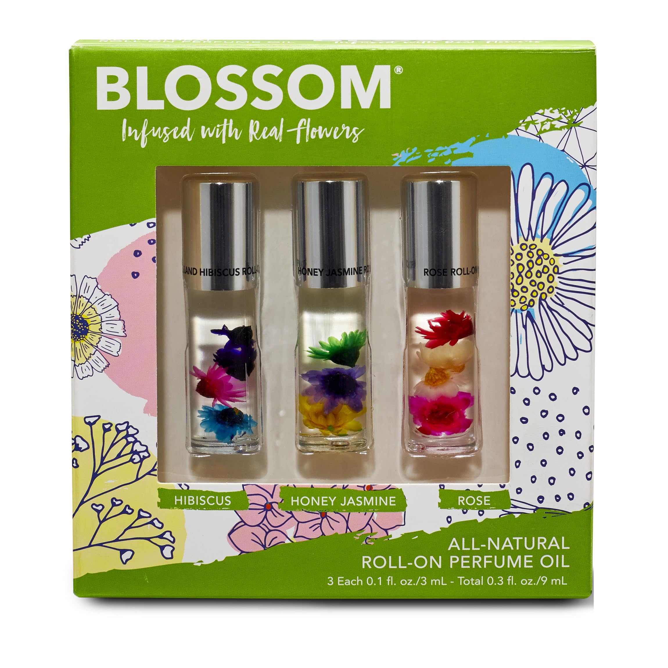 Blossom Roll-On Island Hibiscus bottle with real flowers for a fresh, long-lasting scent