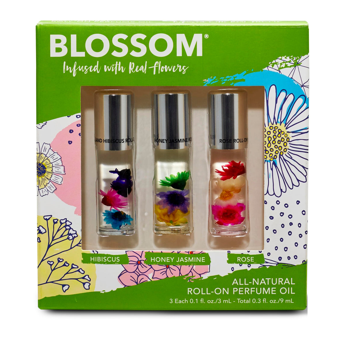 Blossom Roll-On Island Hibiscus bottle with real flowers for a fresh, long-lasting scent