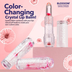 Blossom blush shimmer color-changing lip balm adds pink glow.