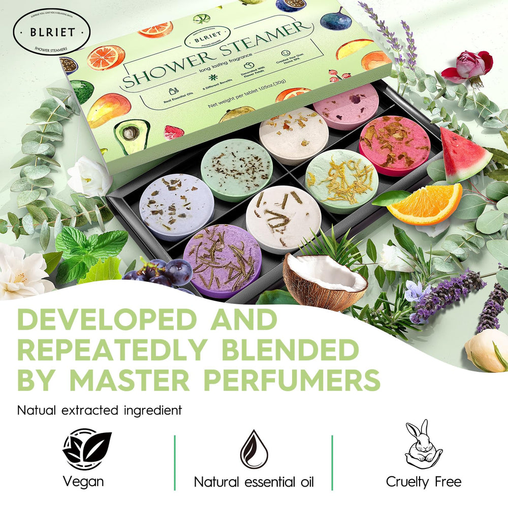 BLRIET shower steamers in a home spa scene releasing aromatic steam.