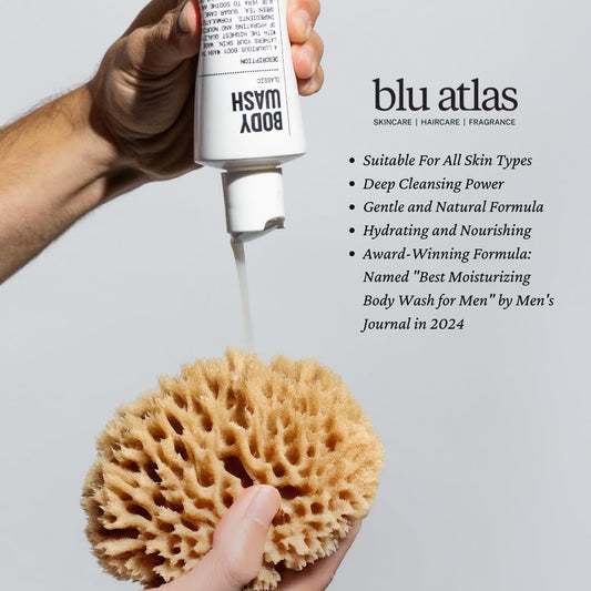 Blu Atlas Body Wash Santal Cedar foam—luxury lather for daily moisture.