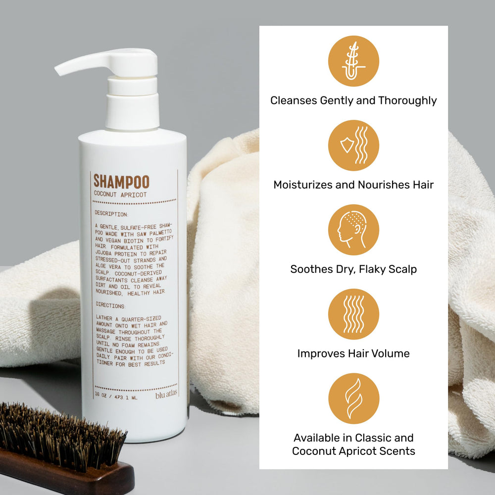 Blu Atlas shampoo label closeup highlighting organic ingredients for healthy hair