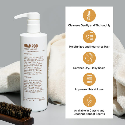 Blu Atlas shampoo label closeup highlighting organic ingredients for healthy hair