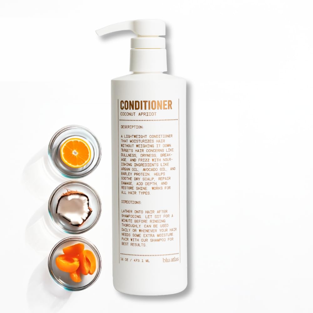 Coconut Apricot scent branding on Blu Atlas conditioner bottle