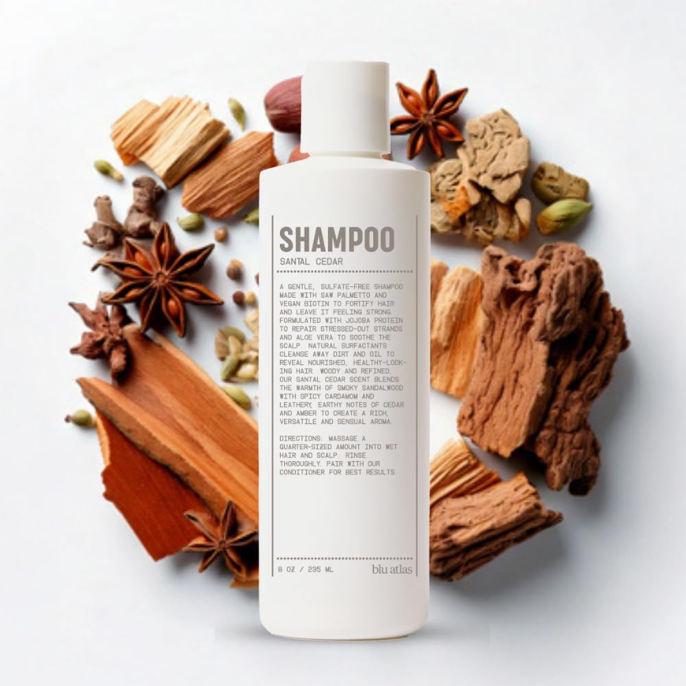 Blu Atlas Men's Natural Shampoo bottle front, highlighting sulfate-free formula for daily cleansing