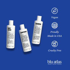 Blu Atlas Men's Natural Shampoo ingredients panel highlights naturally derived ingredients