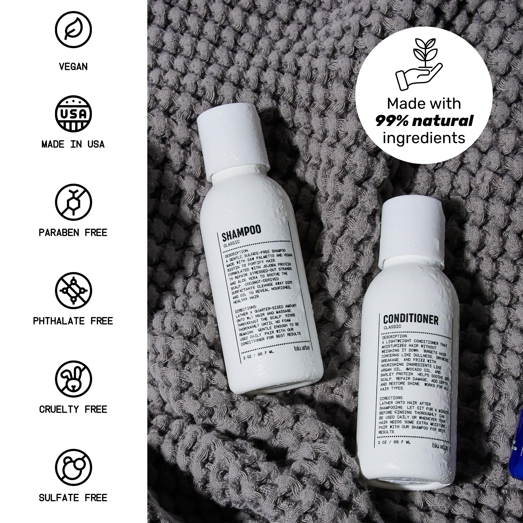 Blu Atlas shampoo and conditioner packaging shown together for a complete grooming routine.