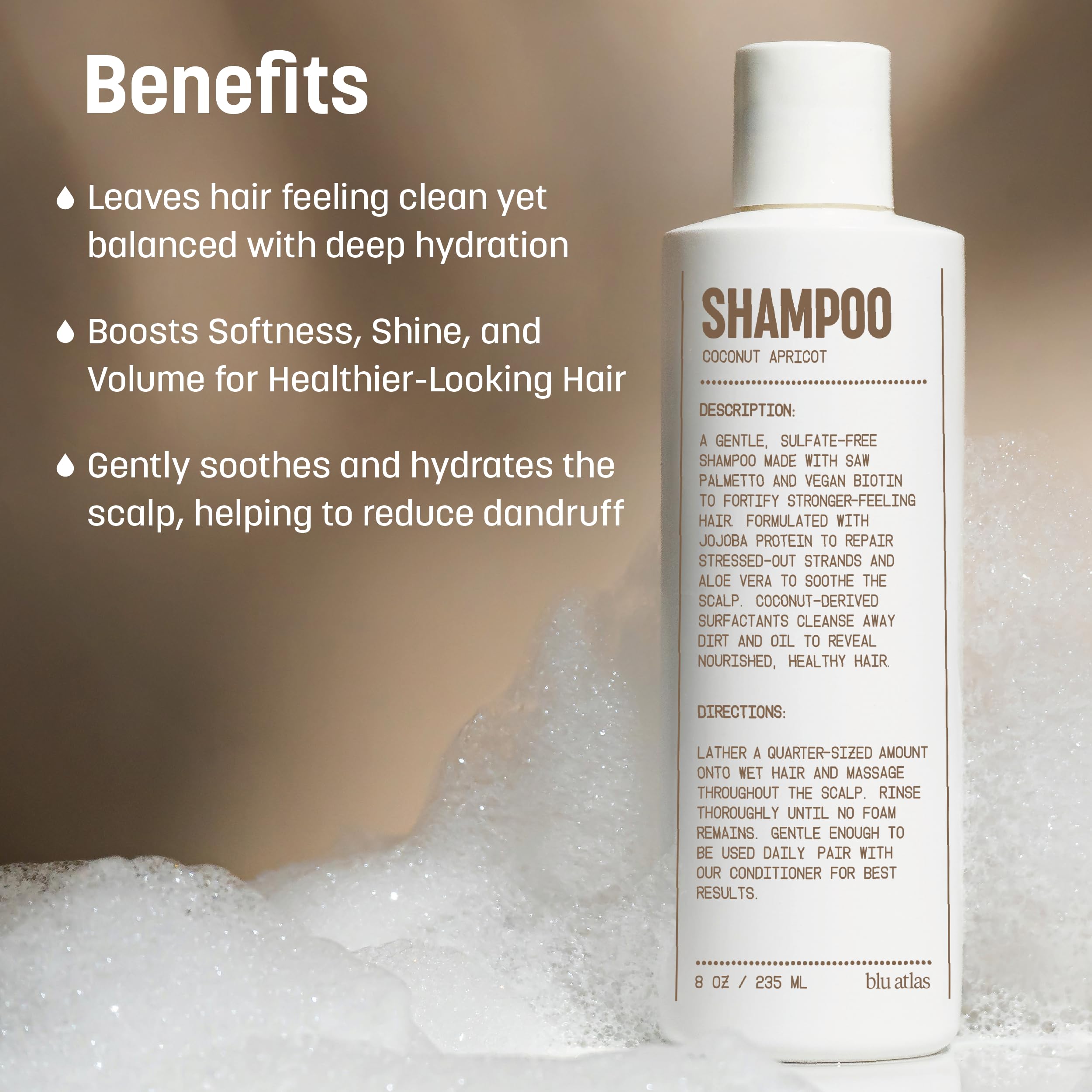 Blu Atlas Men's Natural Shampoo lather close-up suggests rich cleansing