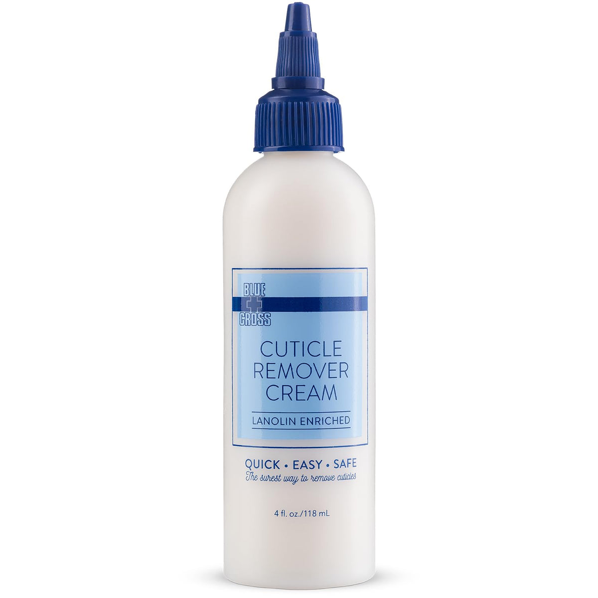 Blue Cross Cuticle Remover Cream bottle showing at-home cuticle care benefits