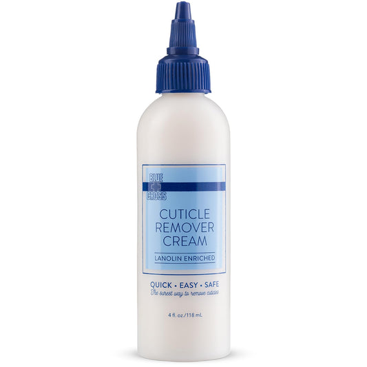 Blue Cross Cuticle Remover Cream bottle showing at-home cuticle care benefits
