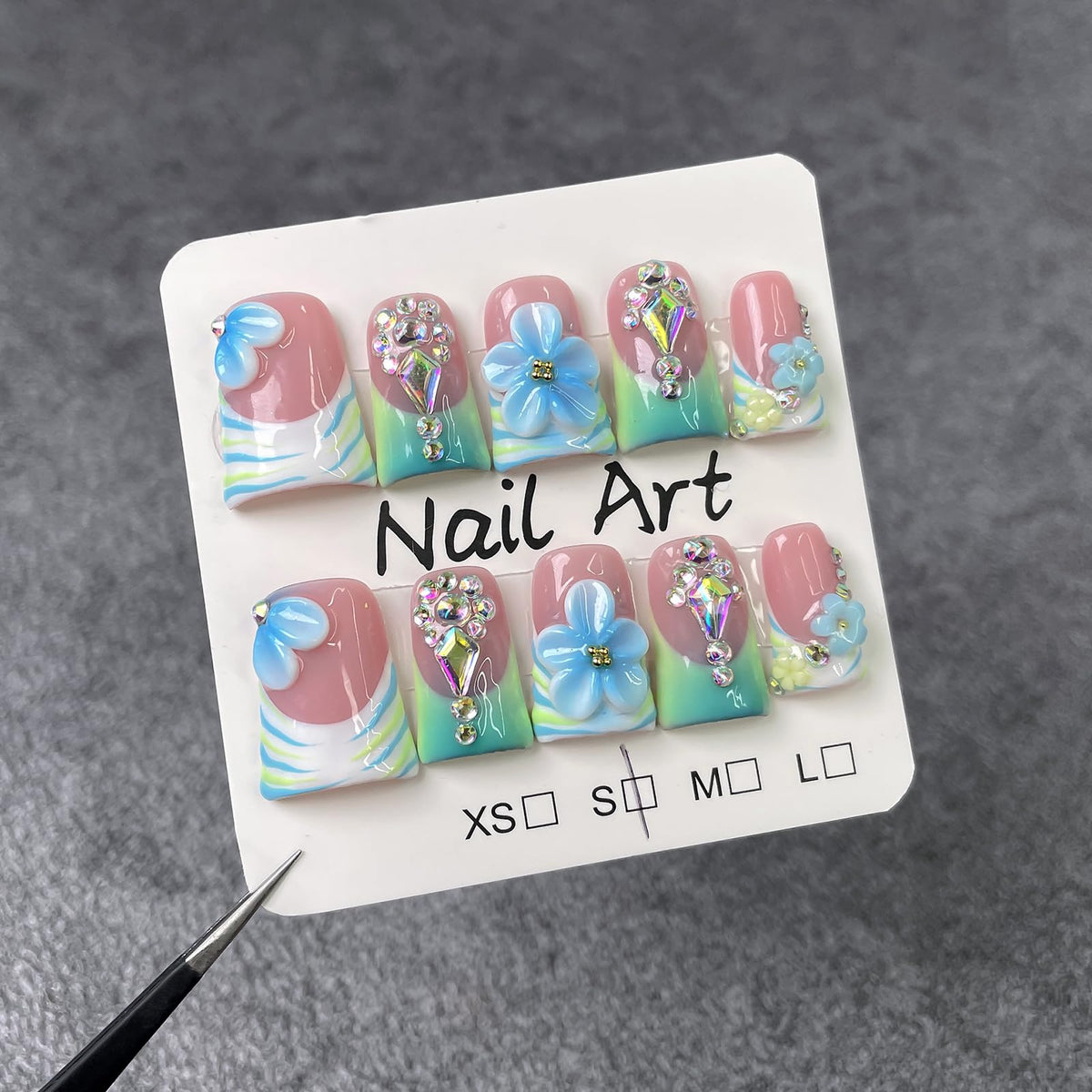 10Pcs Blue Flower Press On Nails featuring duck design for chic daily wear.