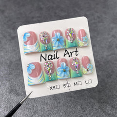 10Pcs Blue Flower Press On Nails featuring duck design for chic daily wear.