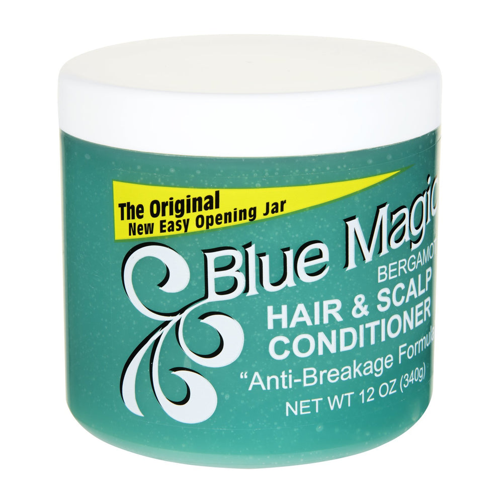 Blue Magic Bergamot scalp care scene highlights conditioning without greasiness for healthy scalp.