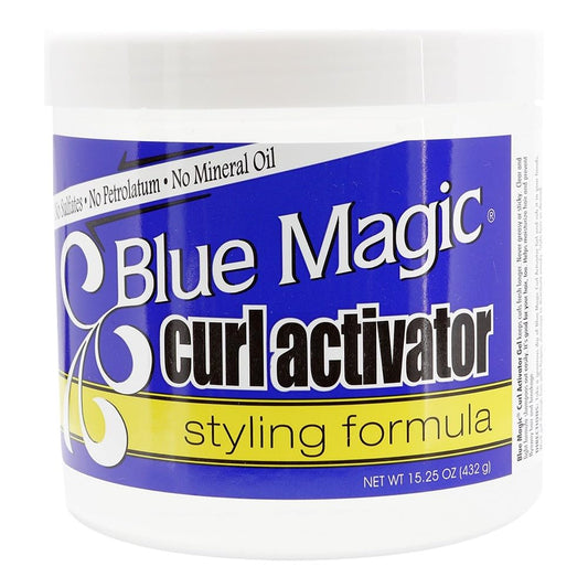 Blue Magic Curl Activator three-pack jar back view highlighting texture and frizz control promise.