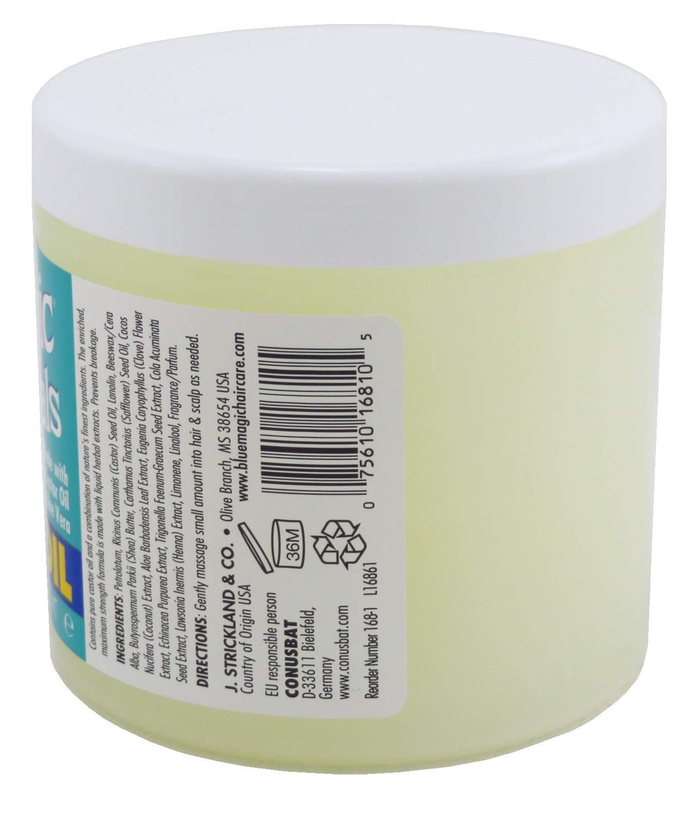 Blue Magic Organics 3-pack castor oil packaging highlights a natural formula for versatile hair care.