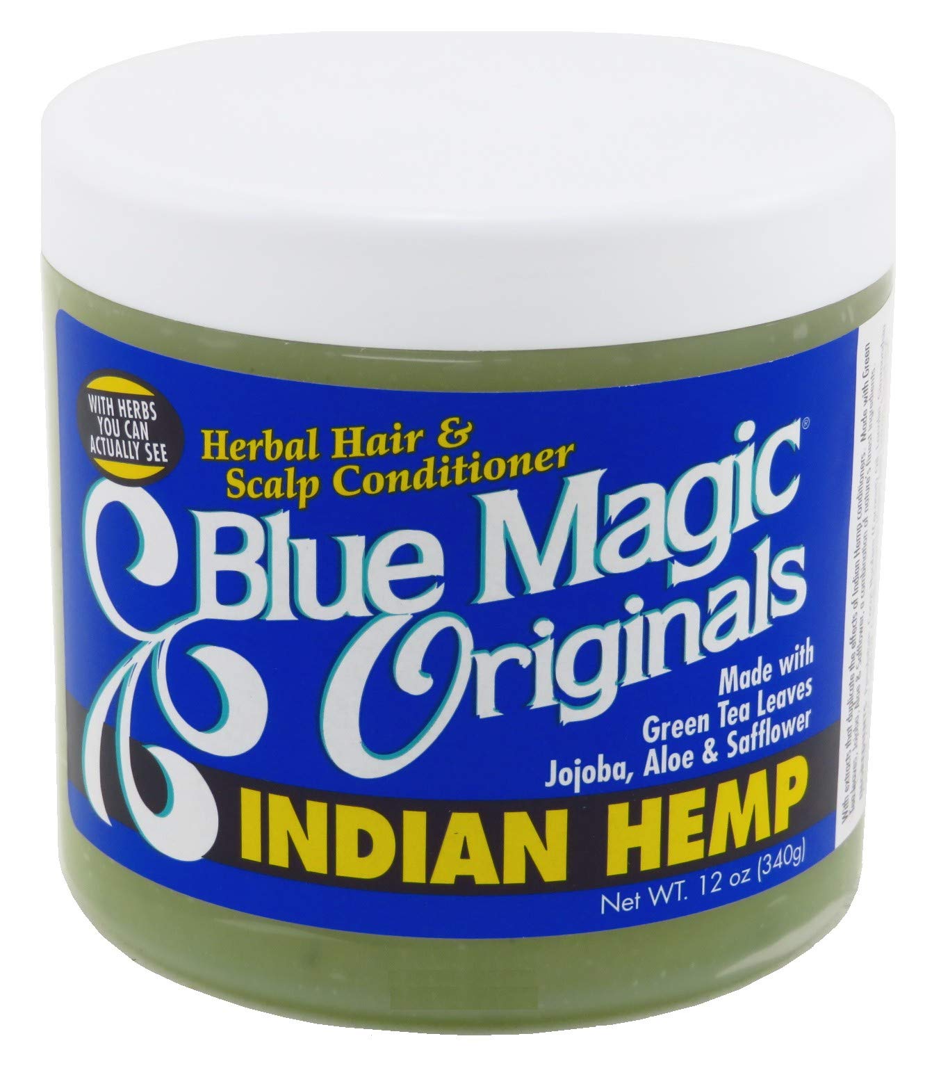 Blue Magic Organics Indian Hemp 12oz jar with label visible; smooth hair potential.