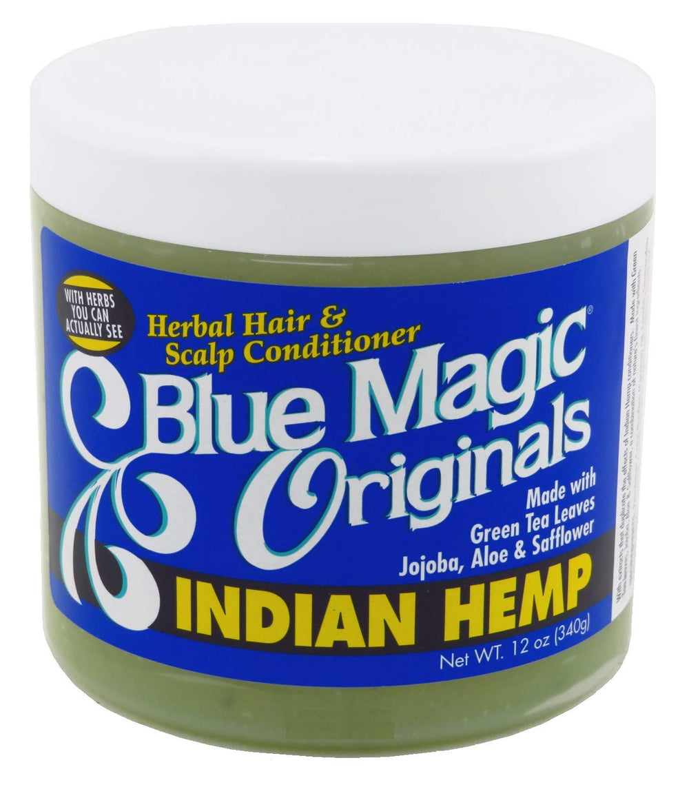 Blue Magic Organics Indian Hemp 12oz jar with label visible; smooth hair potential.