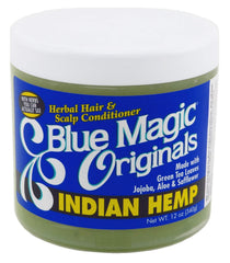 Blue Magic Organics Indian Hemp 12oz jar with label visible; smooth hair potential.