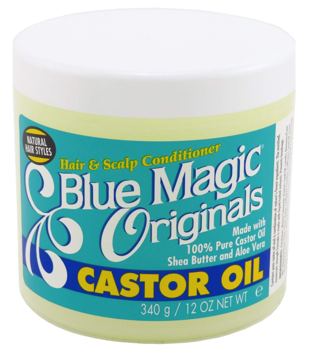 Blue Magic Organics container showing shea butter and aloe vera ingredients for gentle conditioning.