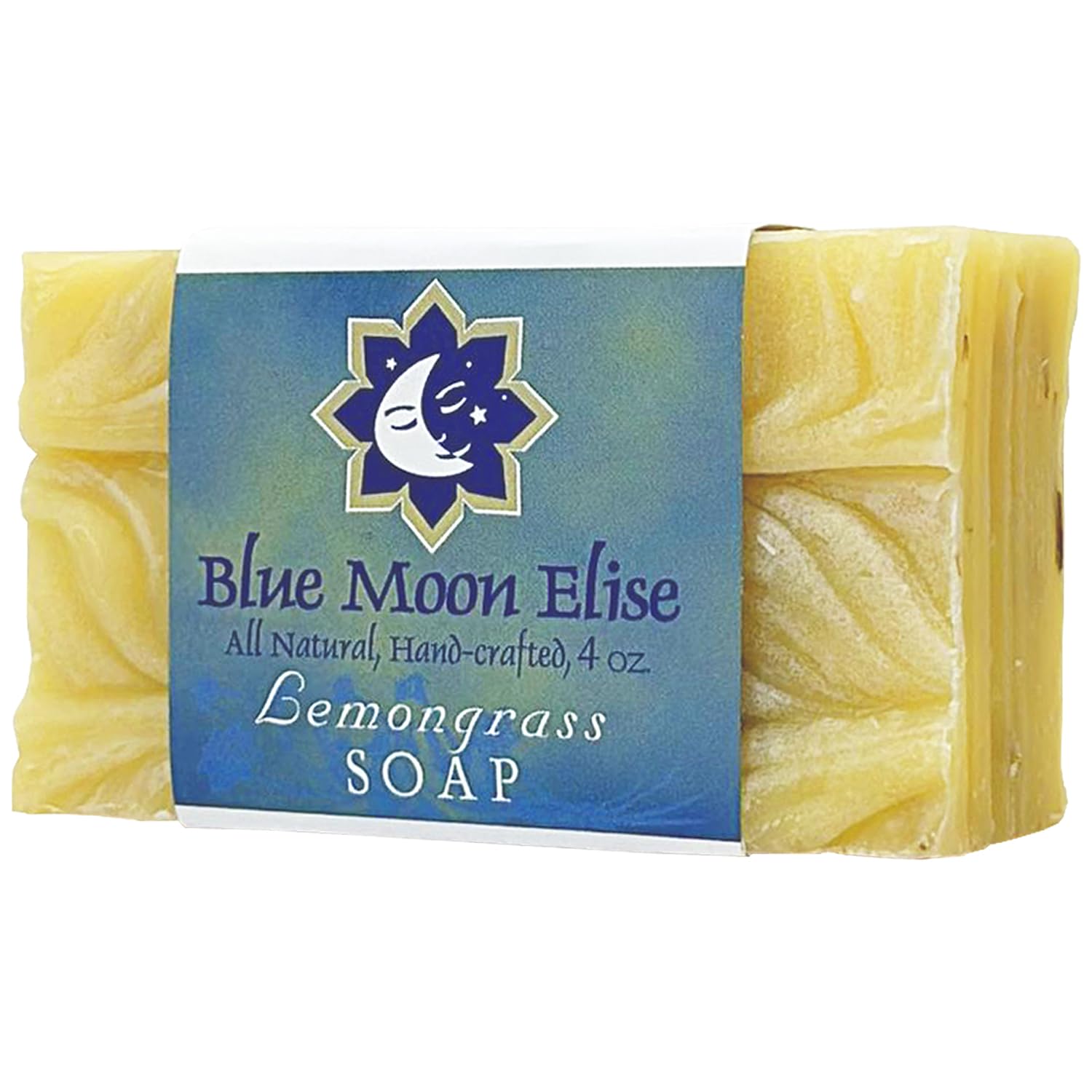 Blue Moon Elise lemongrass bar soap packaging shows eco-friendly, handmade USA craftsmanship.
