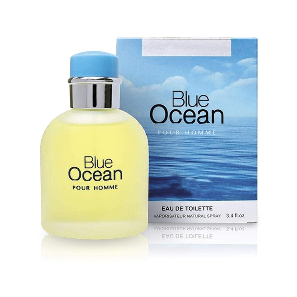 Blue Ocean Pour Homme bottle front view showing a citrus aromatic fragrance for all day wear.