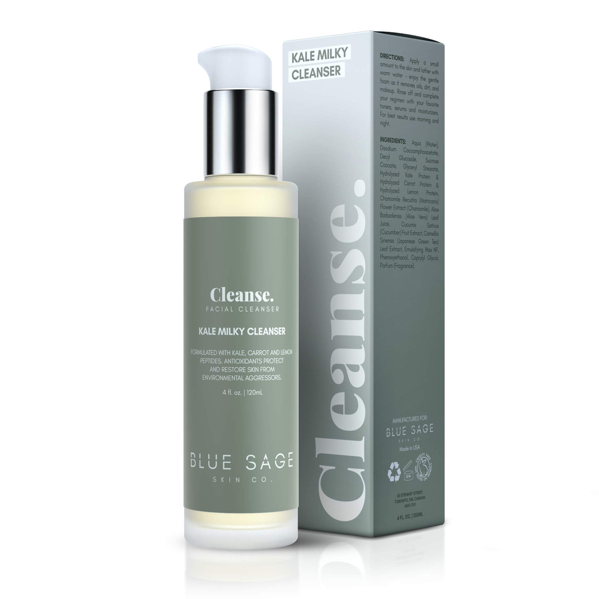 Blue Sage Kale Milky Cleanser bottle showing gentle daily cleansing for pollution-prone skin