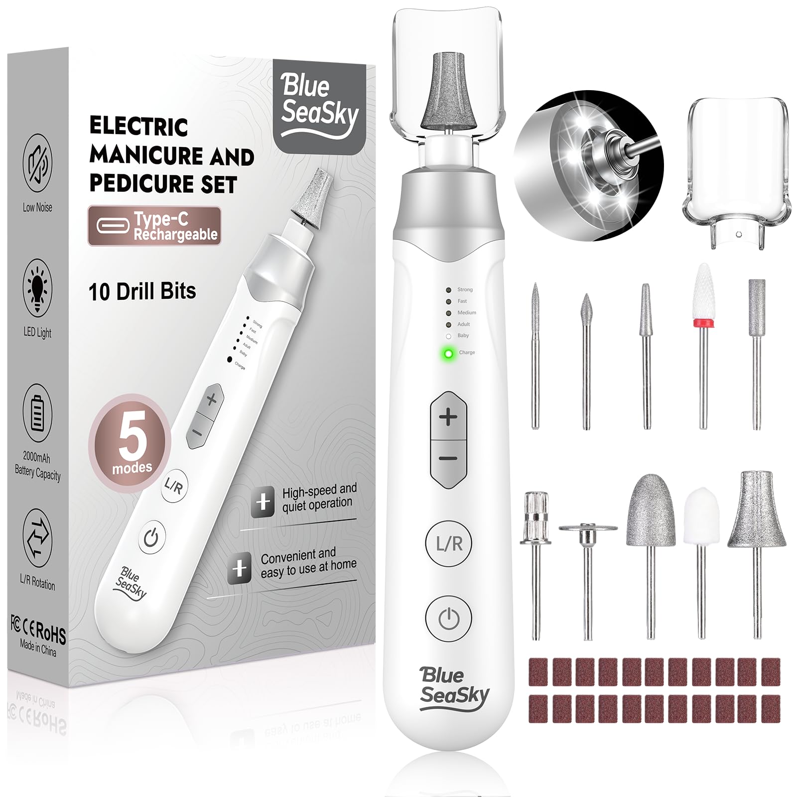 Blue Sea Sky professional electric nail drill with 360 LED light for precise at-home manicures.