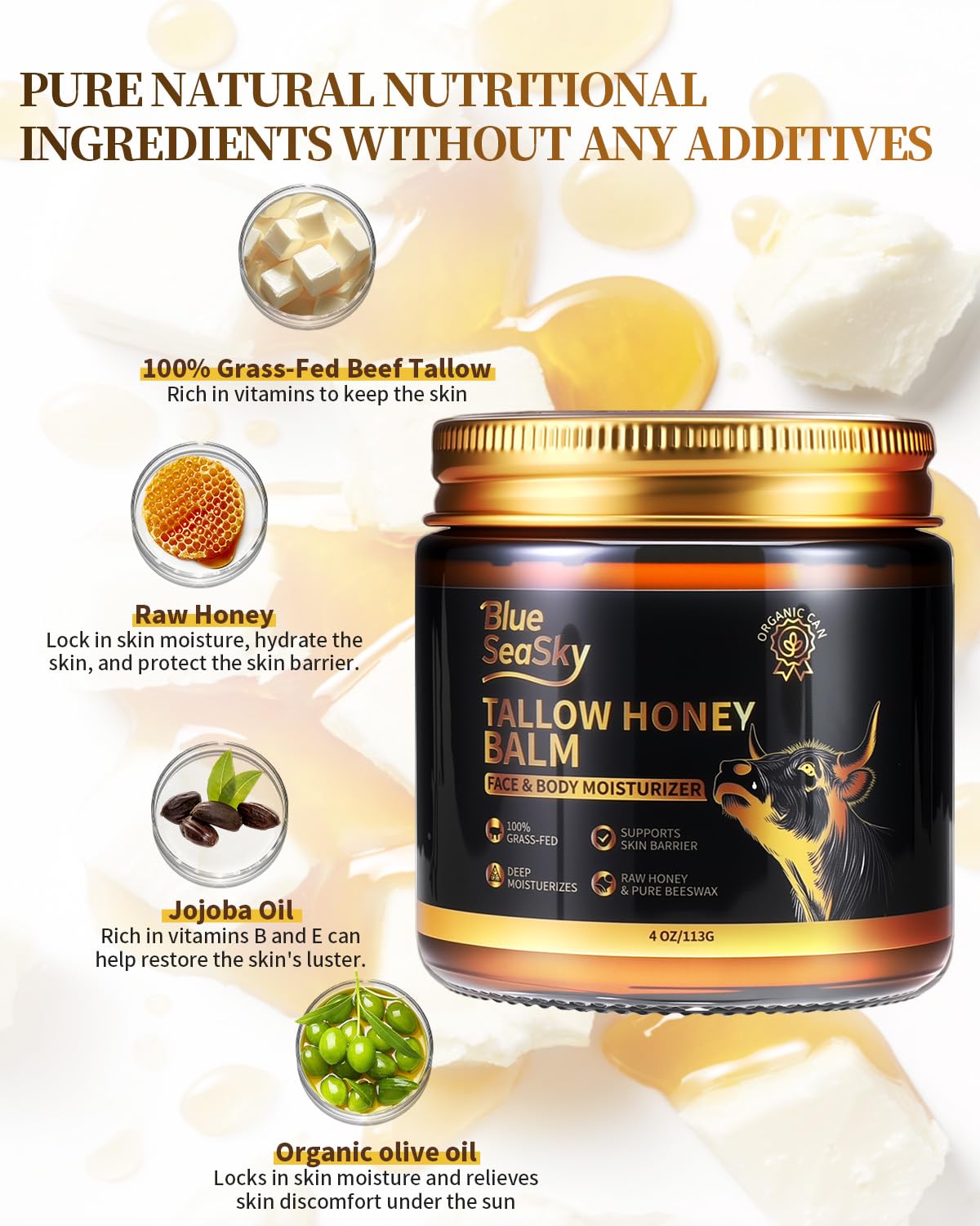 Blue Sea Sky raw honey tallow moisturizes and comforts sensitive skin.