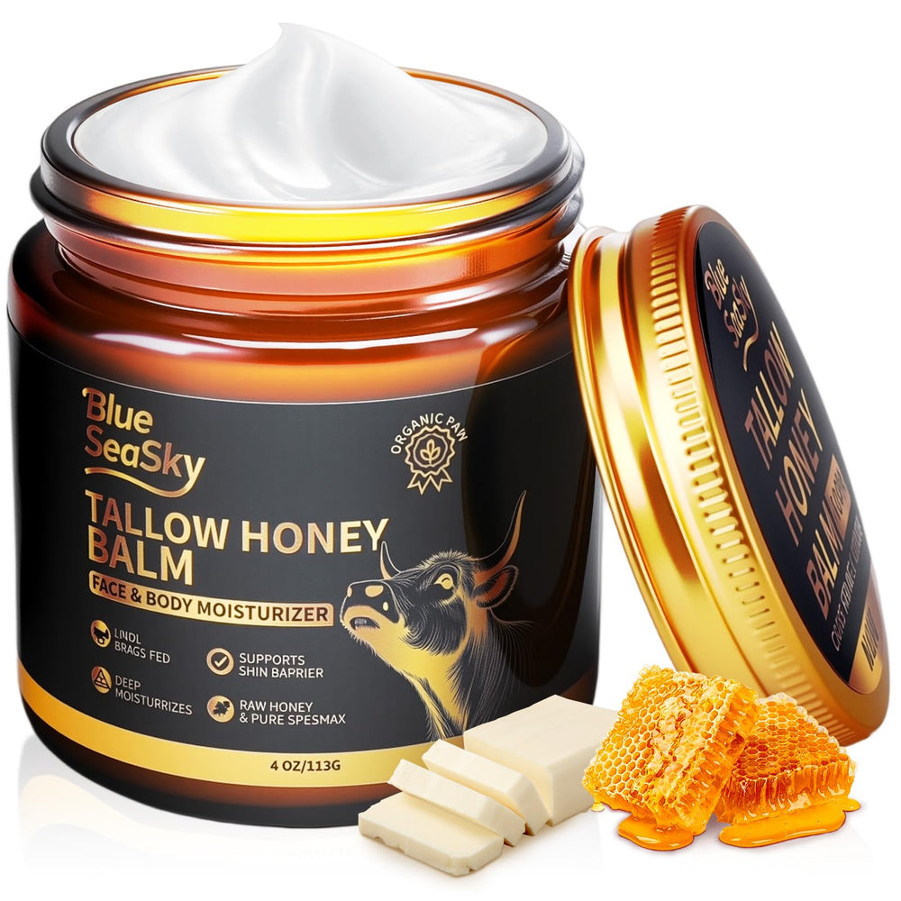 Blue Sea Sky Upgraded Beef Tallow Balm bottle showing unscented hydration for dry skin.