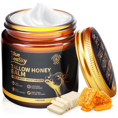 Blue Sea Sky Upgraded Beef Tallow Balm bottle showing unscented hydration for dry skin.