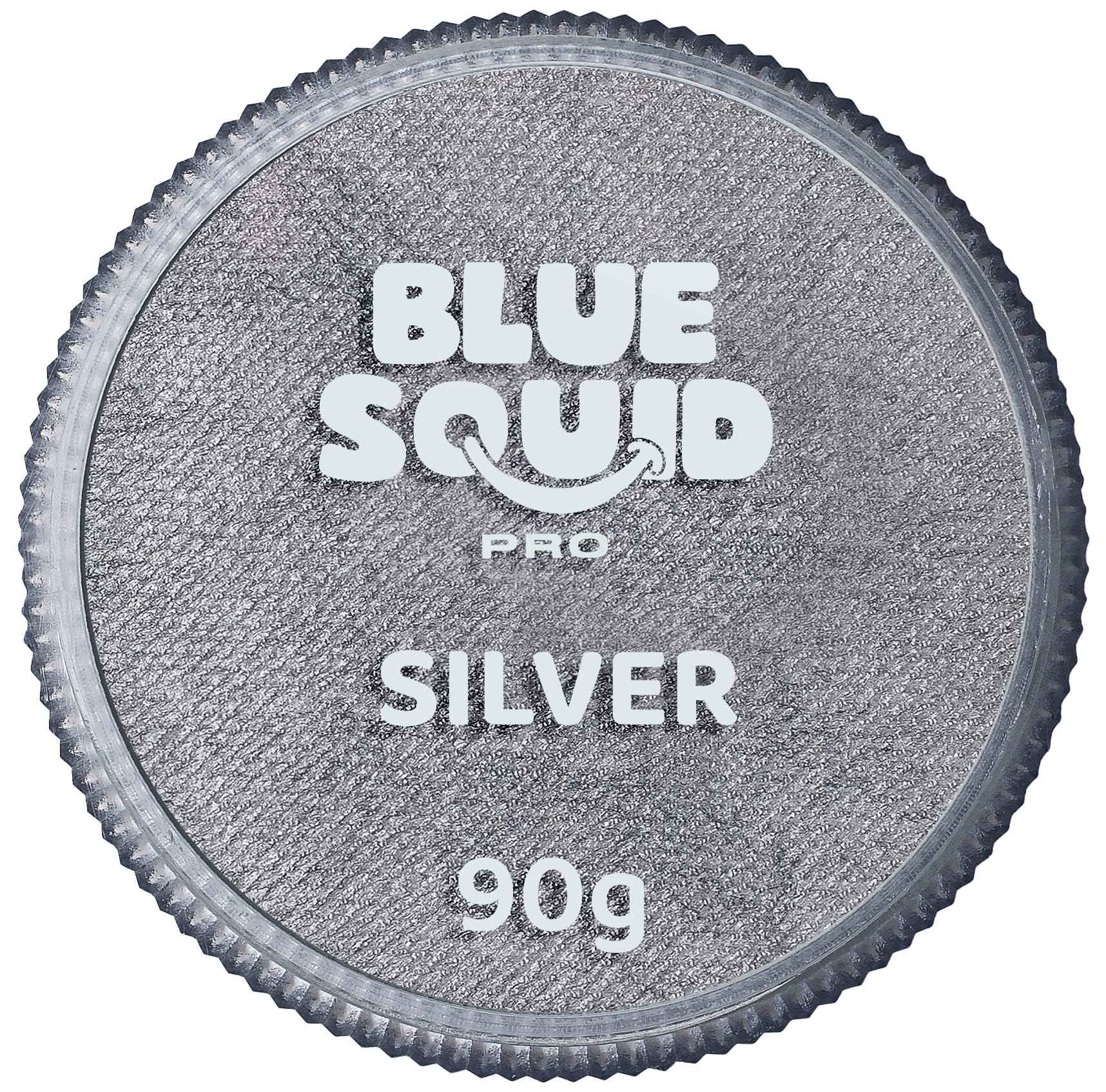 Blue Squid PRO metallic silver face paint swatch in a 90g tub for bold designs.